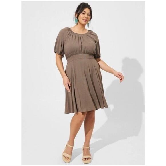NWT Torrid Linen Skater Dress Size 2X 18-20 Puff Sleeve Brown Open Tie‎ Back - Picture 1 of 14